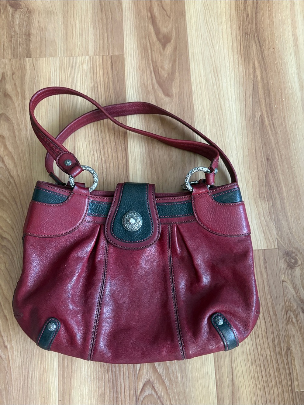 Brighton burgundy Leather Shoulder Bag with Brown Accents